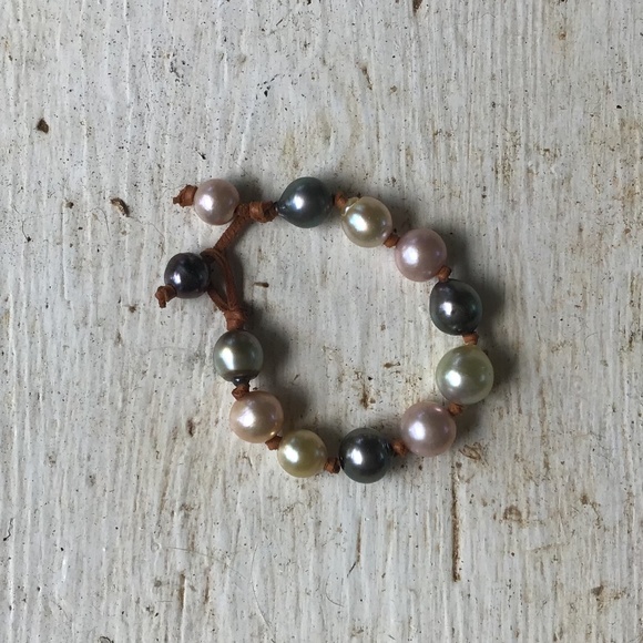 NEW Tahitian, Edison, South Sea pearls + leather RAINBOW BRACELET Ella May - Picture 2 of 5